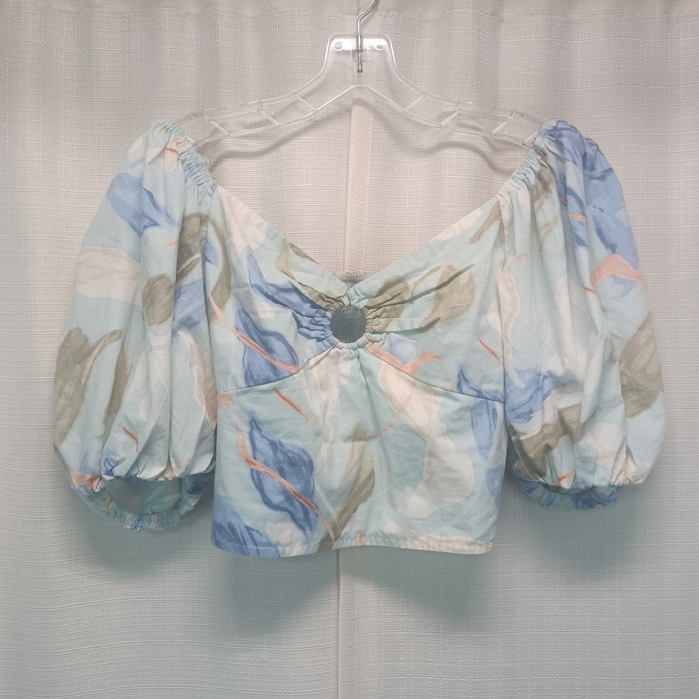 Abercrombie & Fitch Floral Puff Sleeve Crop Top Blue Watercolor Smocked Small